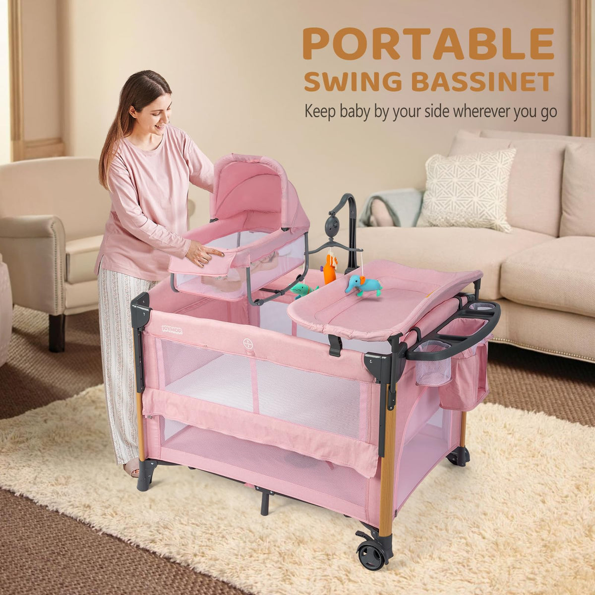 7 in 1 Pink Bedside Bassinet with Changing Table Z149