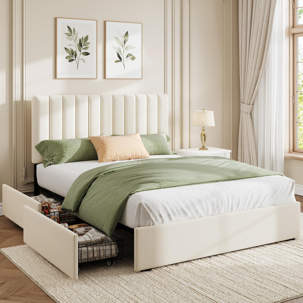 White Full Size Upholstered Bed Frame with Headboard & 4 Drawers J904