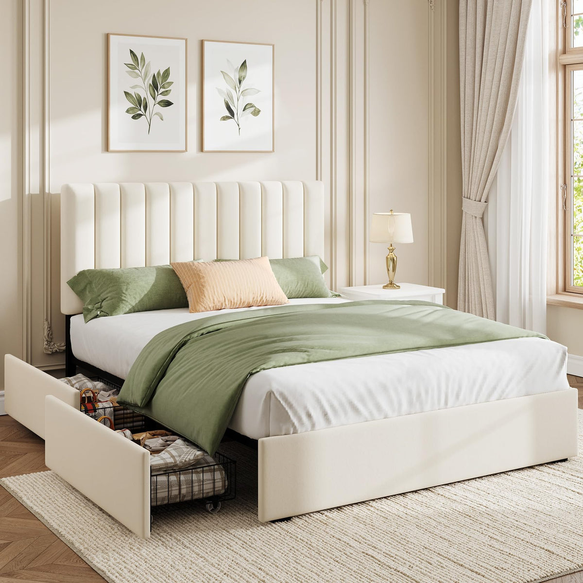 White Full Size Upholstered Bed Frame with Headboard & 4 Drawers J904