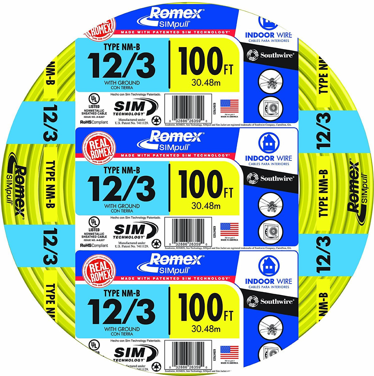 100' 12/3 with Ground Indoor Electrical Wire NM-B Yellow K440