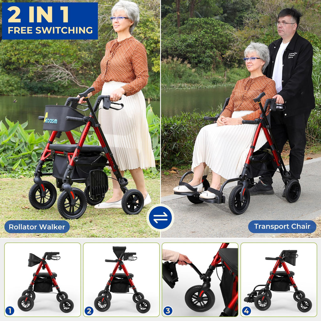 Foldable Rollator Walker with Seat, 2 in 1 Wheelchair Combo, Red T4694