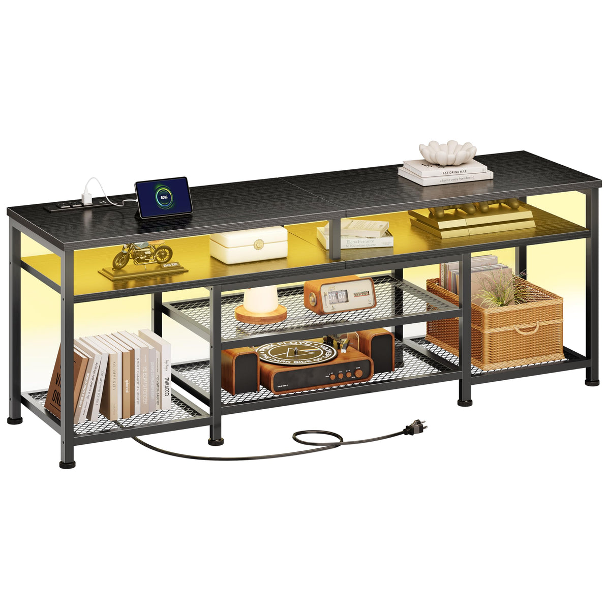 63 Inch TV Stand with Power Outlets & LED Lights, Black W252516