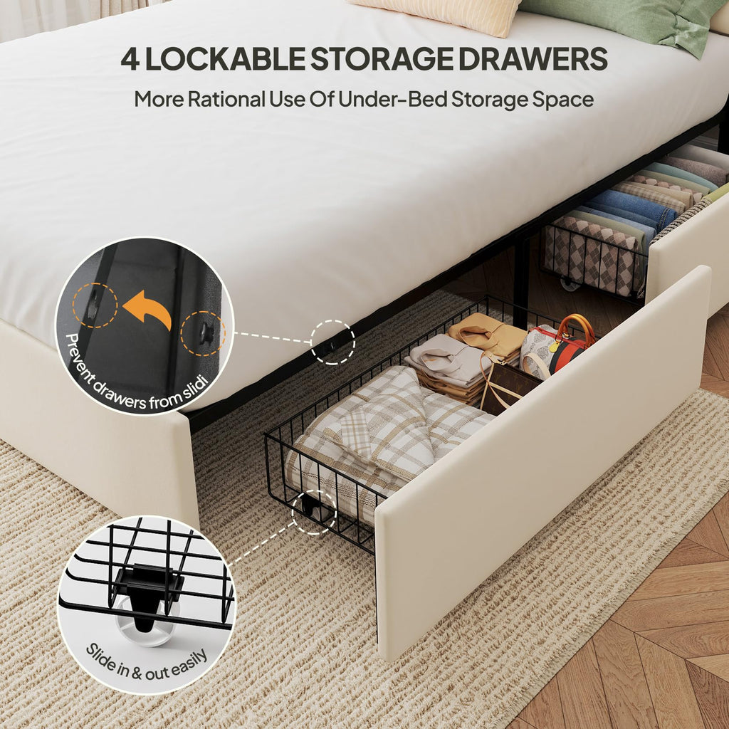 White Full Size Upholstered Bed Frame with Headboard & 4 Drawers J904
