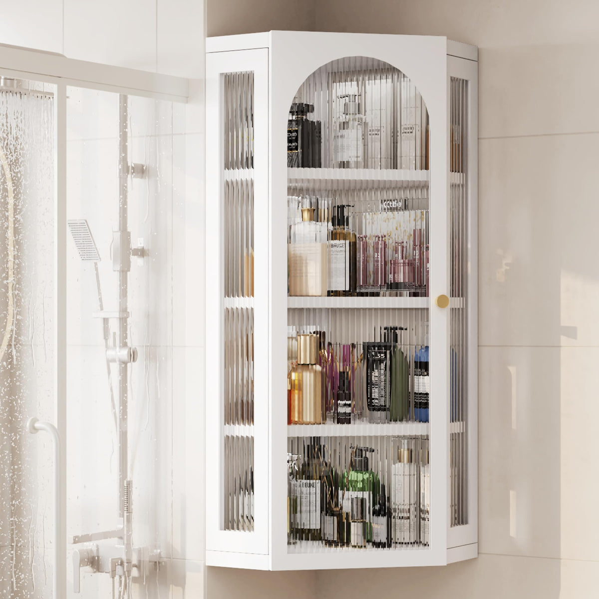 White Metal Corner Wall Cabinet with Glass Doors and Shelves U780491