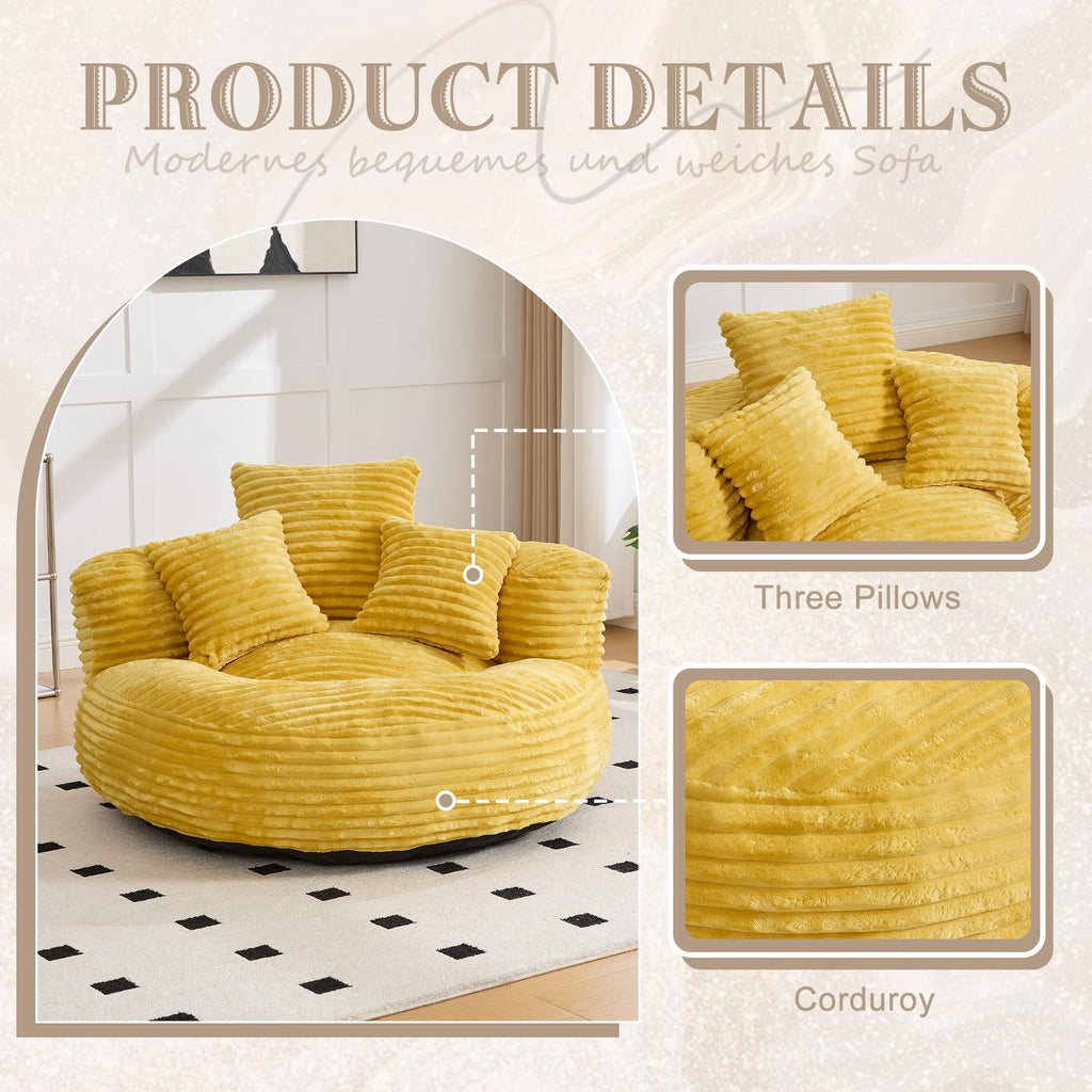 43" Mustard Yellow Corduroy Beanbag Sofa with Memory Foam L3531