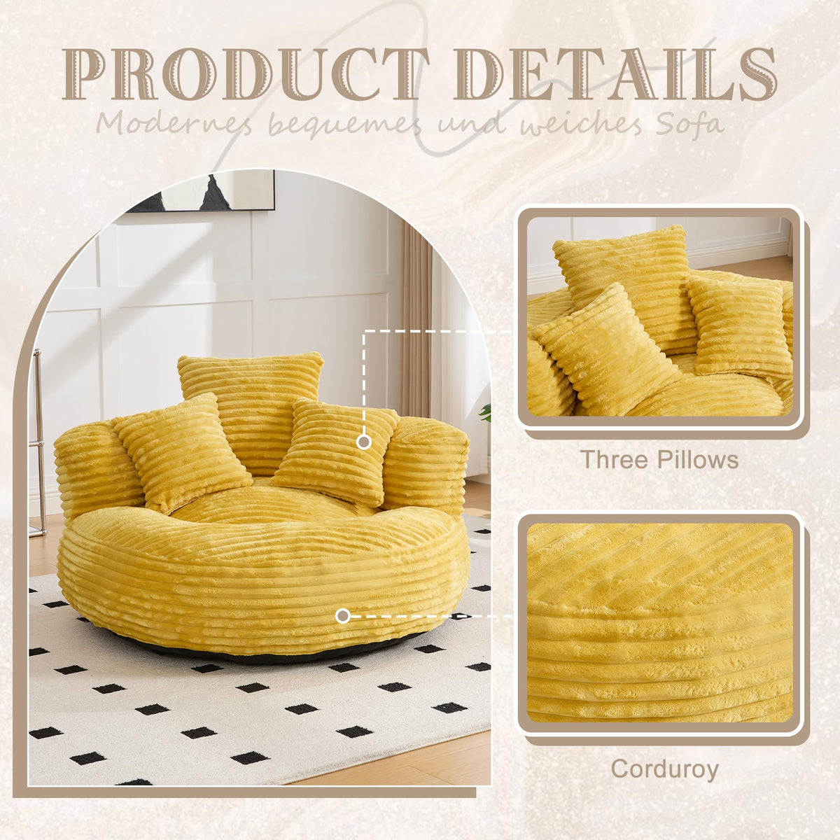 43" Mustard Yellow Corduroy Beanbag Sofa with Memory Foam L3531