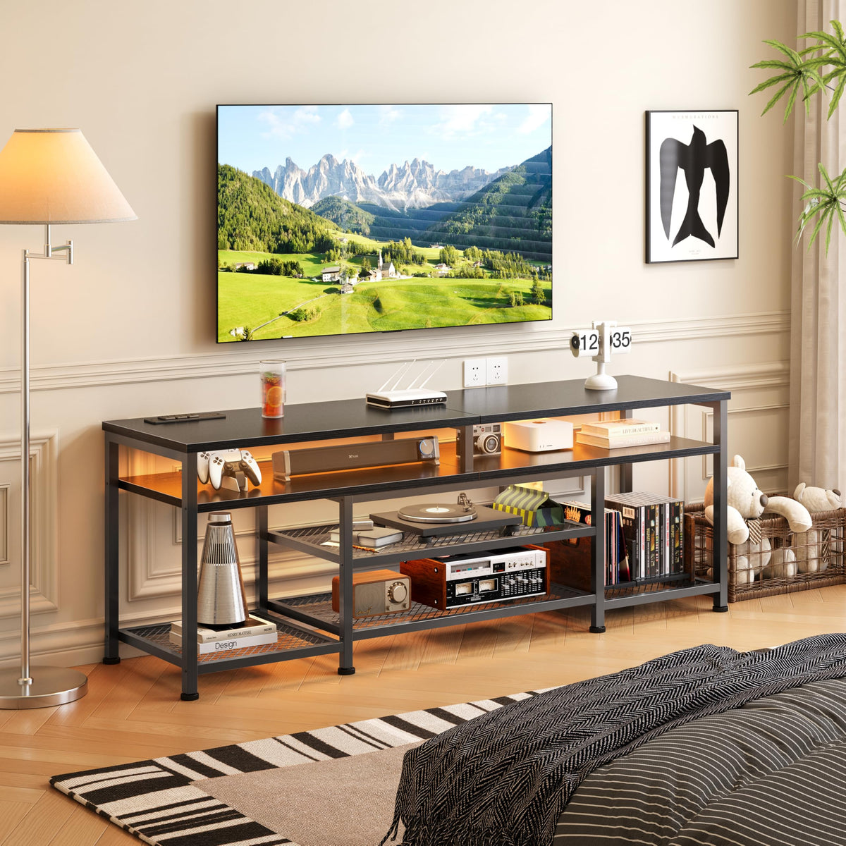 63 Inch TV Stand with Power Outlets & LED Lights, Black W252516