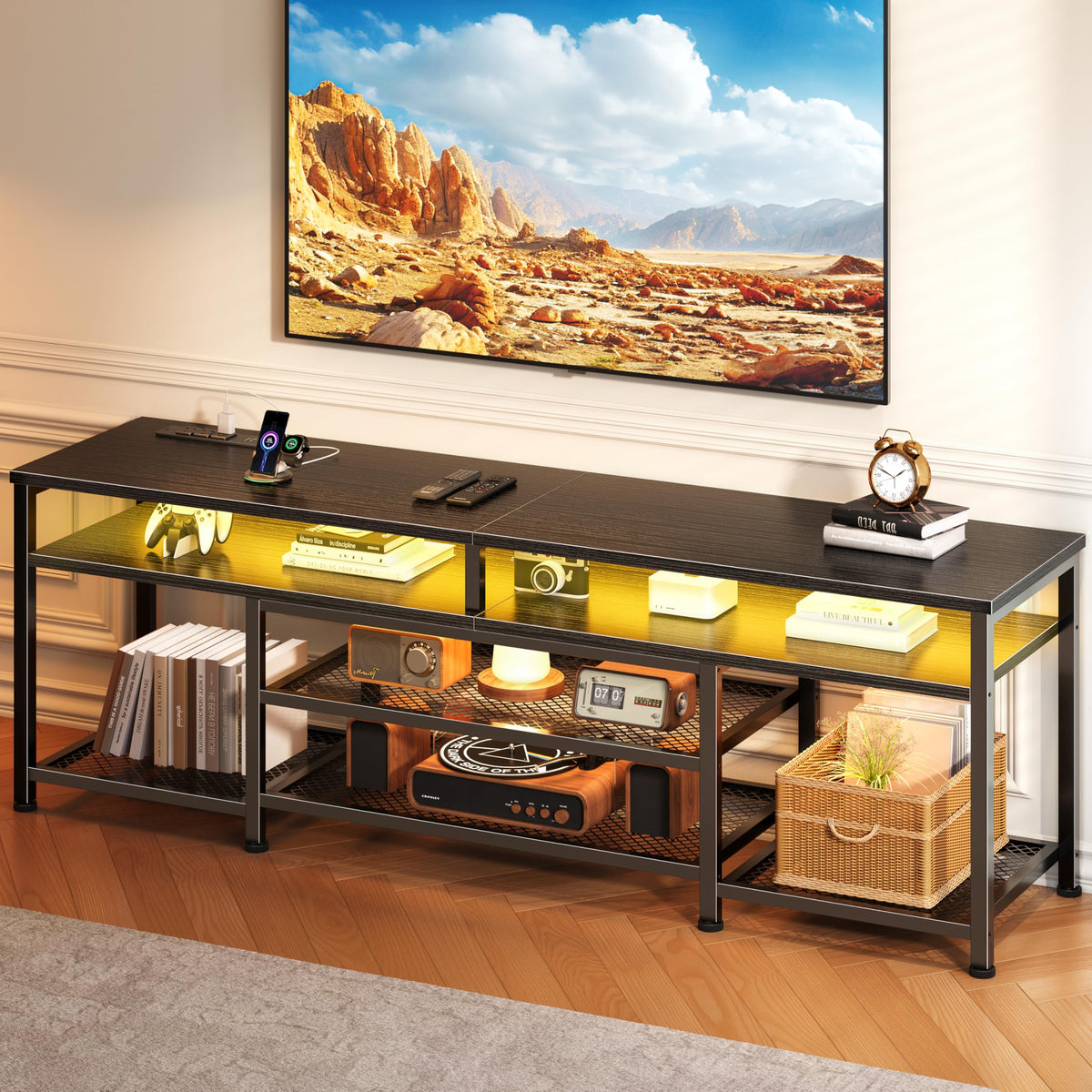 63 Inch TV Stand with Power Outlets & LED Lights, Black W252516