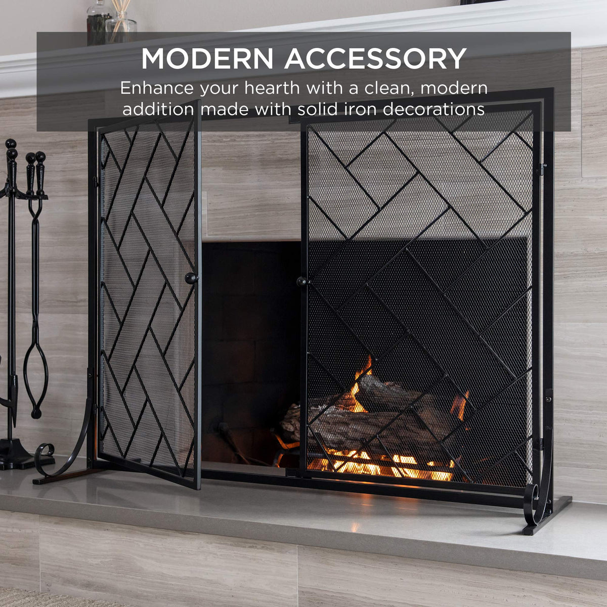 Black 2-Panel Wrought Iron Fireplace Screen K309