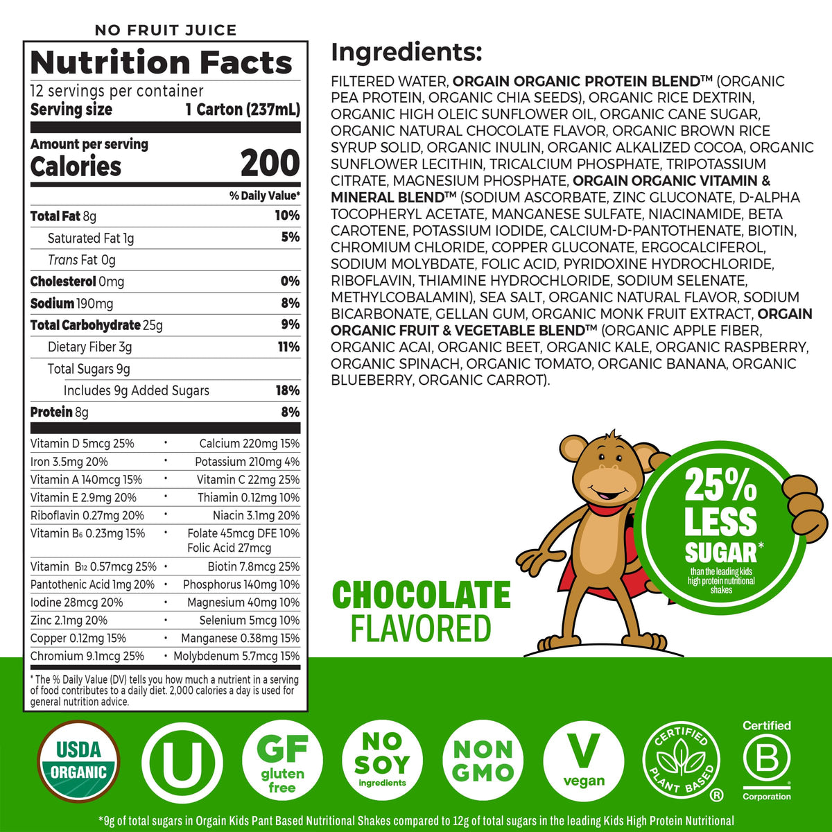 Organic Vegan Kids Protein Shakes Chocolate 8 Fl Oz 12 Pack G3307